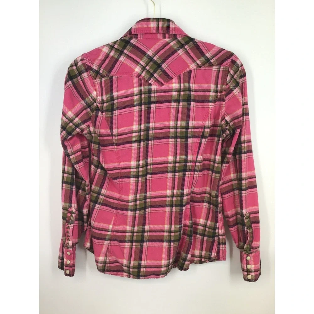 Lucky Brand Dungarees Pink Plaid Snap Western Shirt Embroidered Trim Vtg Size S - Picture 6 of 7